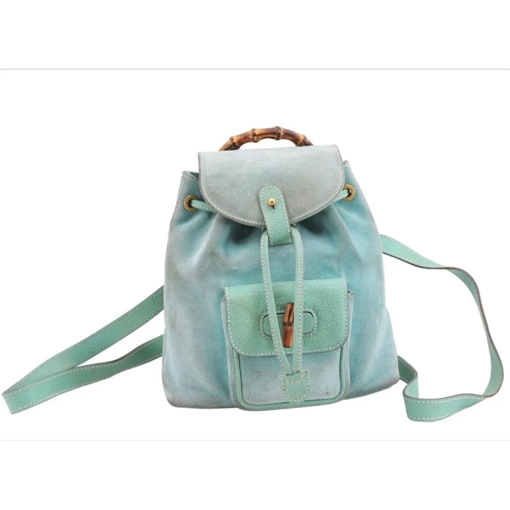 Authentic GUCCI Bamboo Vintage Backpack Suede Leather Light Blue